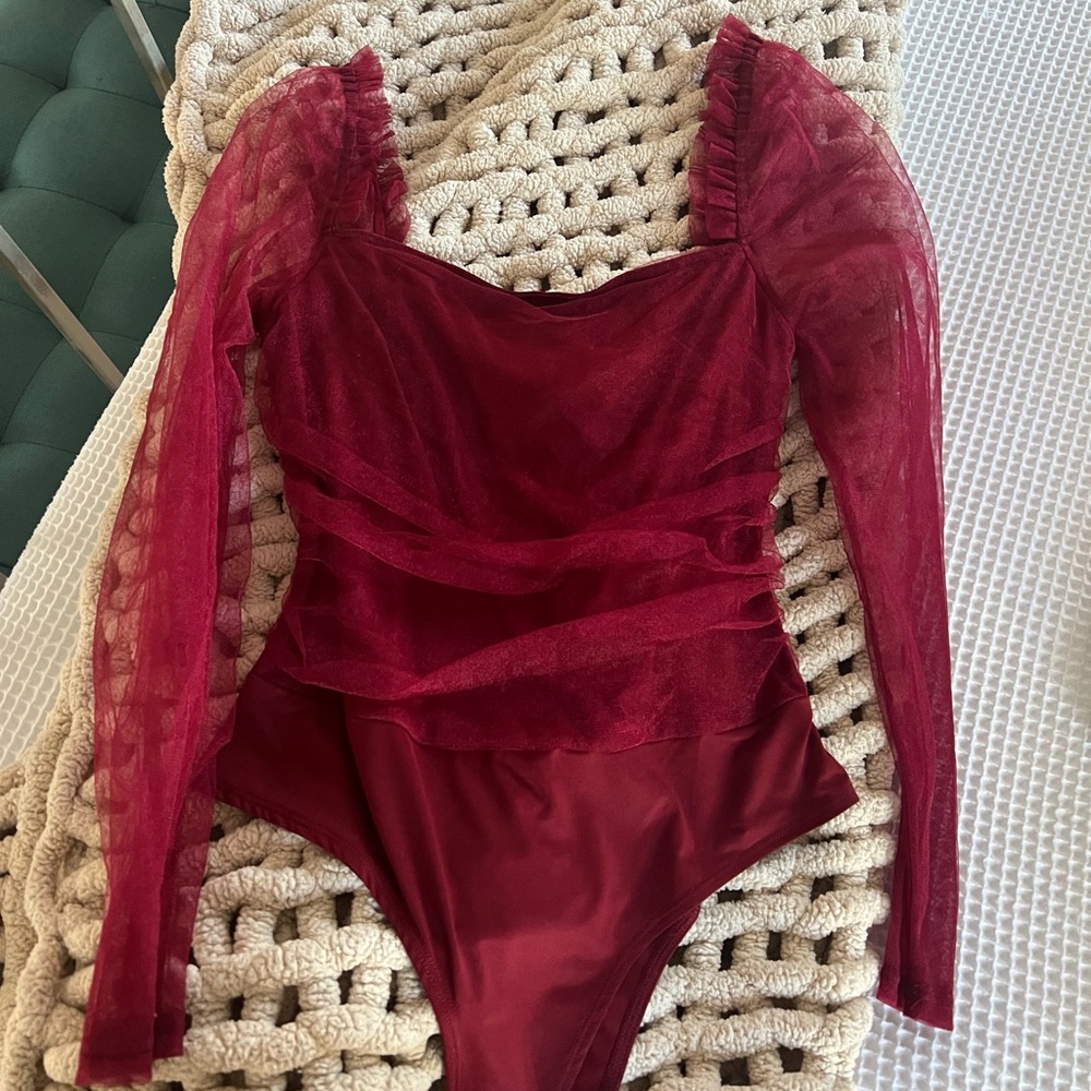 Burgundy / red mesh tulle bodysuit size medium